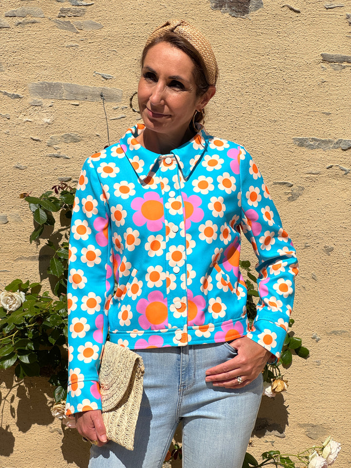 Veste marguerites bleu turquoise FLOWER POWER Hippocampe