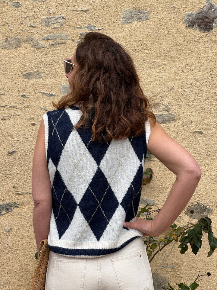 Pull écru marine sans manches col V ARSENE