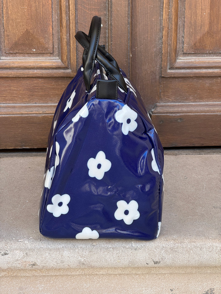 Navy bag printed with white flowers N°180 BOWLING Hippocampe