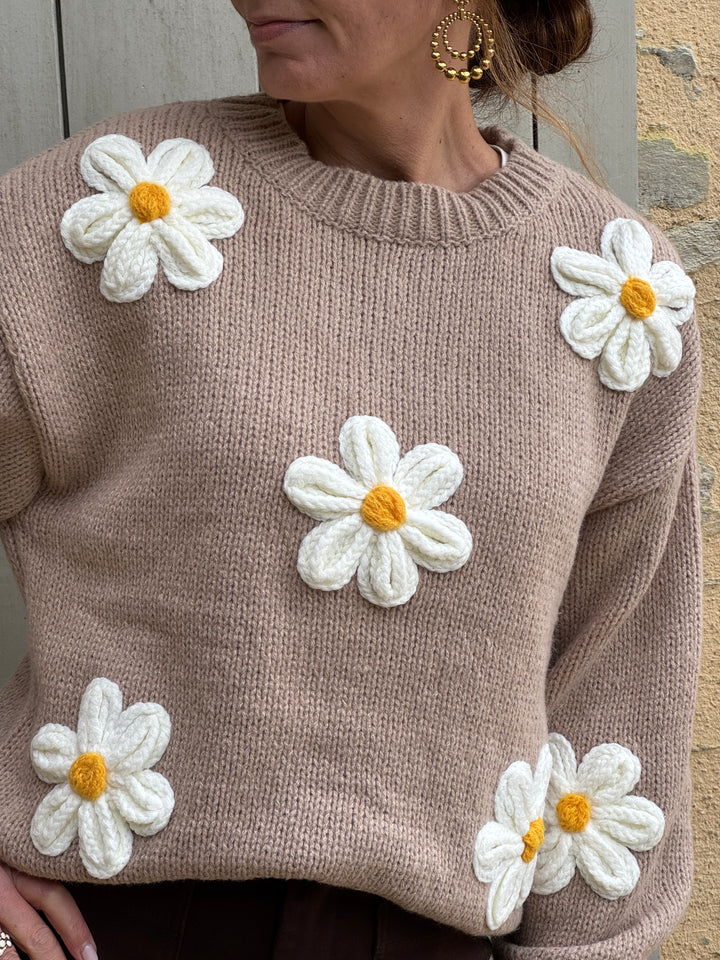 Pull camel marguerite écru col rond COQUELICOT