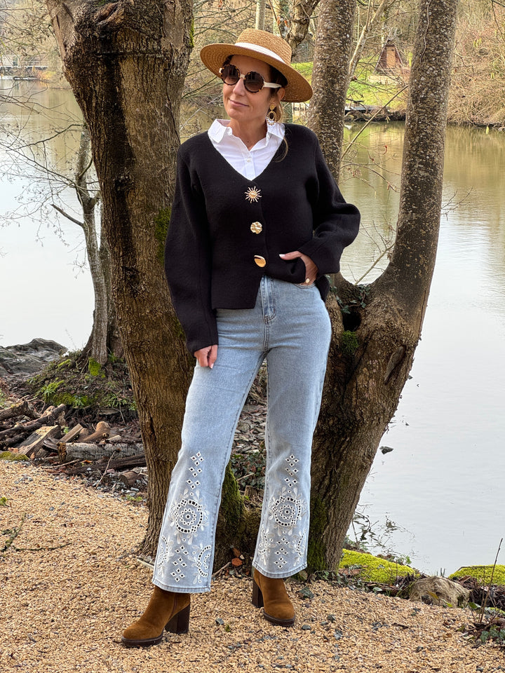 Gilet noir col V boutons bijoux soleil CHARLIE