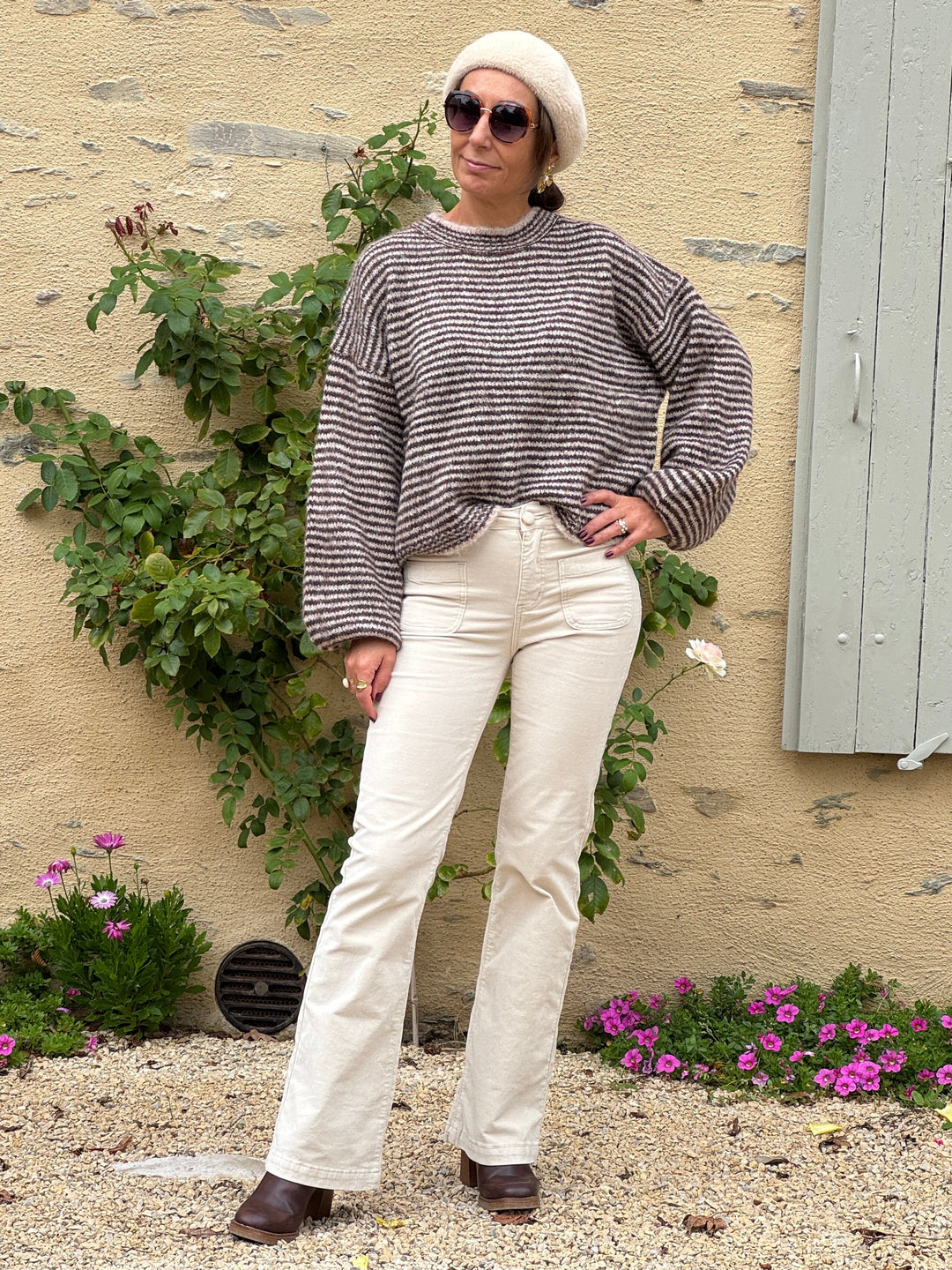 Pull rayures marron et beige GAETAN In April 1986