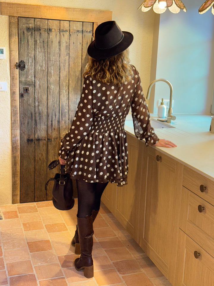 Robe courte chocolat à pois blanc SOPHIA