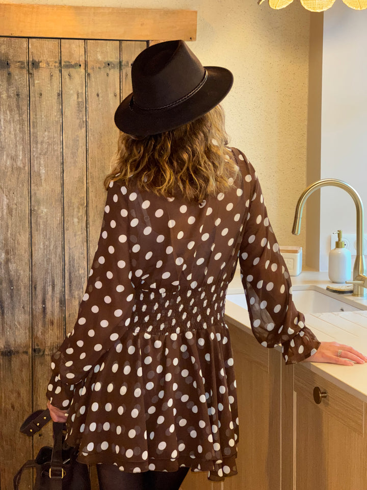 Robe courte chocolat à pois blanc SOPHIA