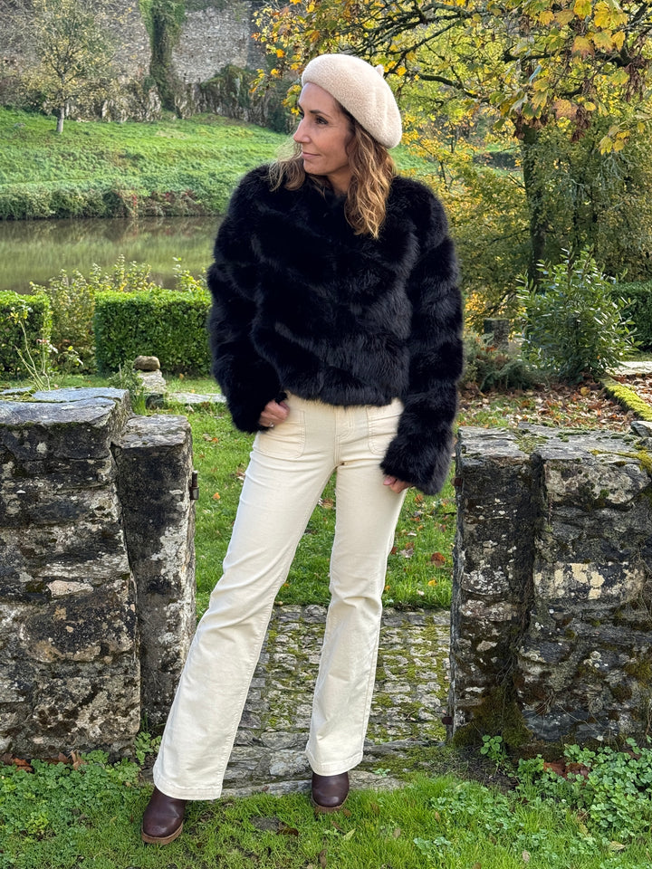 Manteau noir court fausse fourrure MARTA