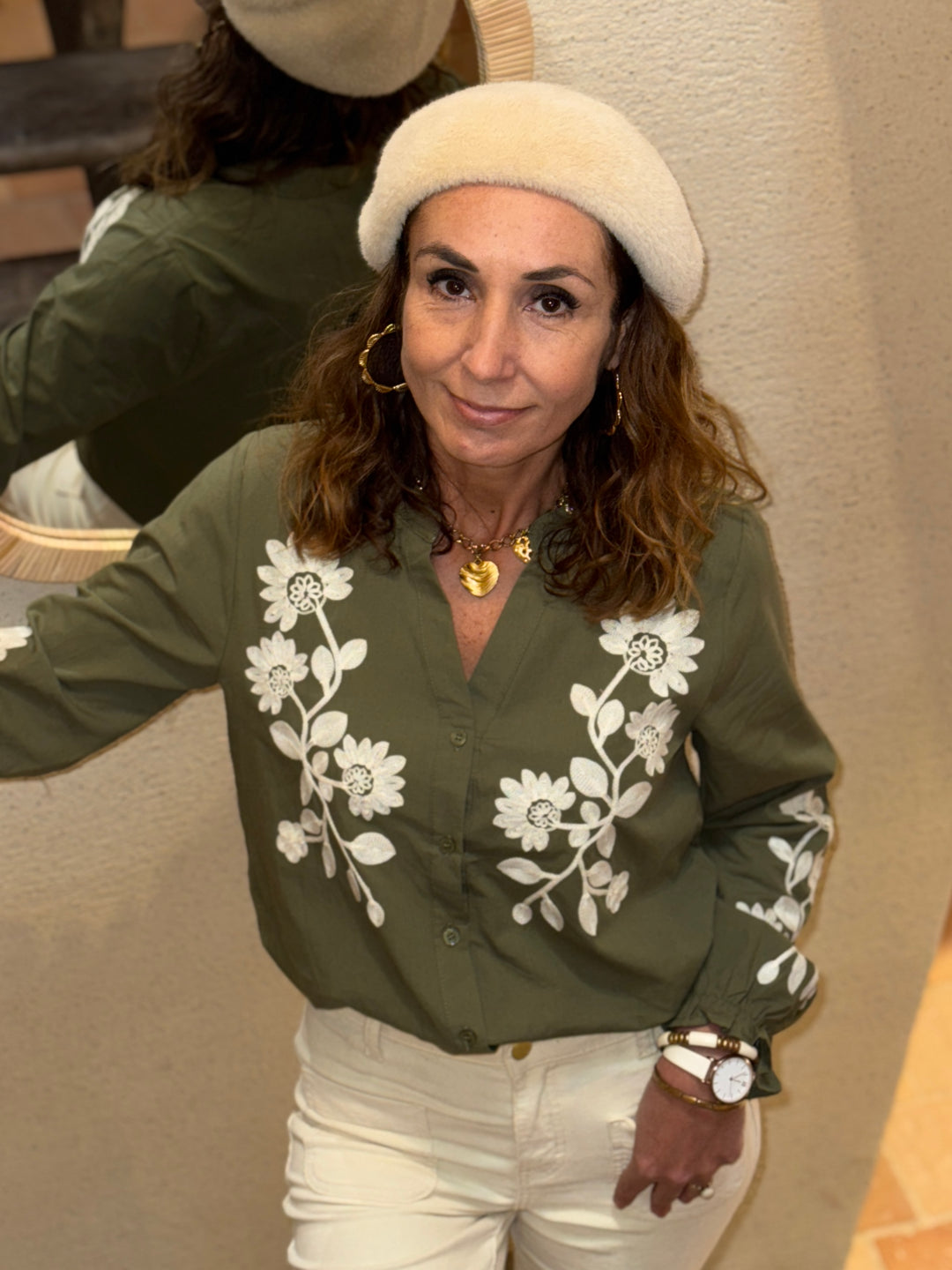 Chemise kaki broderies florales écrues ELISABETH