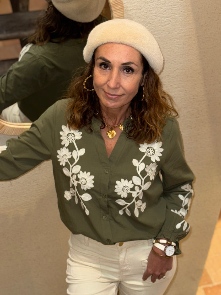 Chemise kaki broderies florales écrues ELISABETH