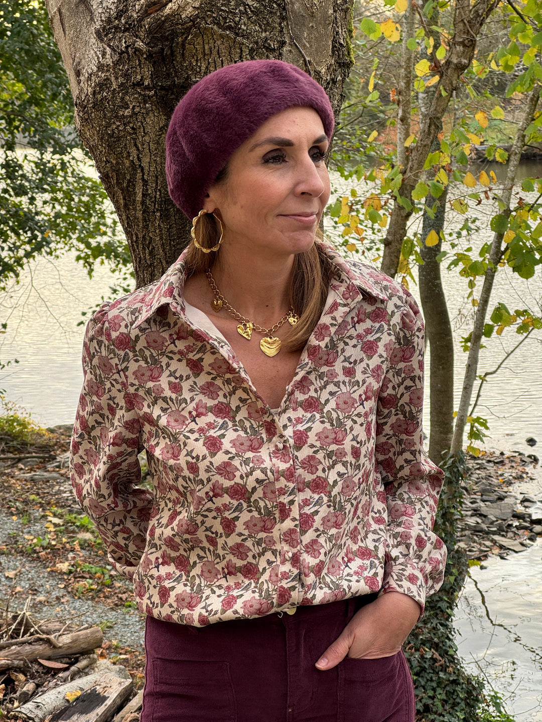 Chemise velours écru imprimé florale CLEOPHEE