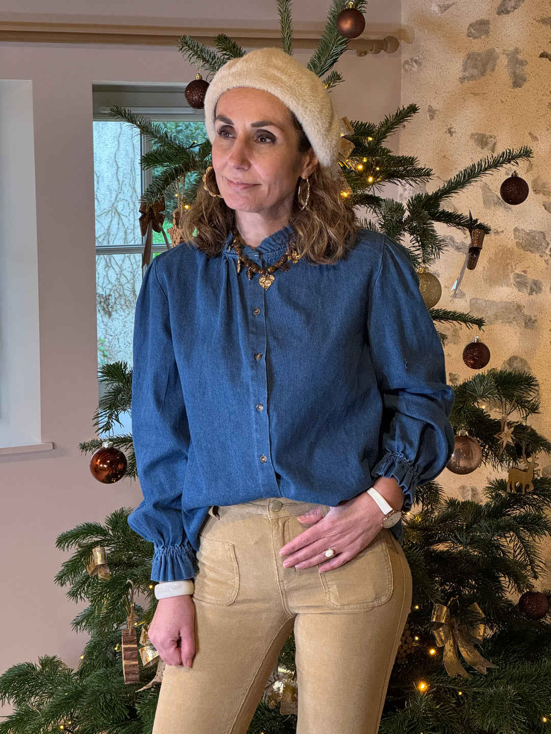 Chemise bleu jean col montant JUSTINE