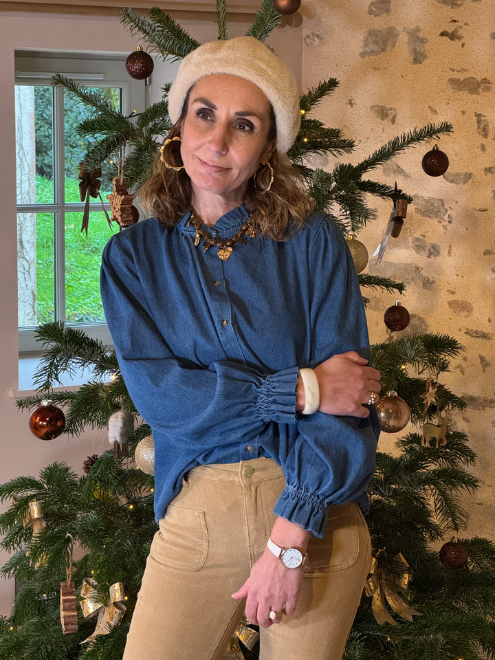 Chemise bleu jean col montant JUSTINE