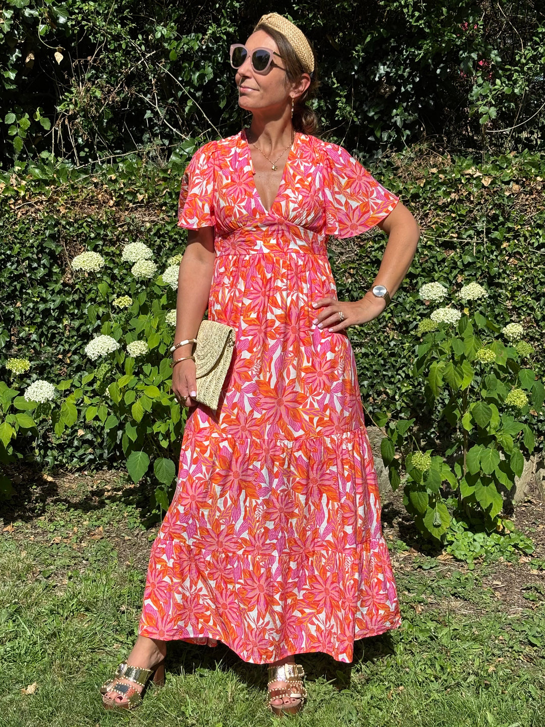 Robe imprimé floral rouge, orange et fuchsia fond écru CLAUDE
