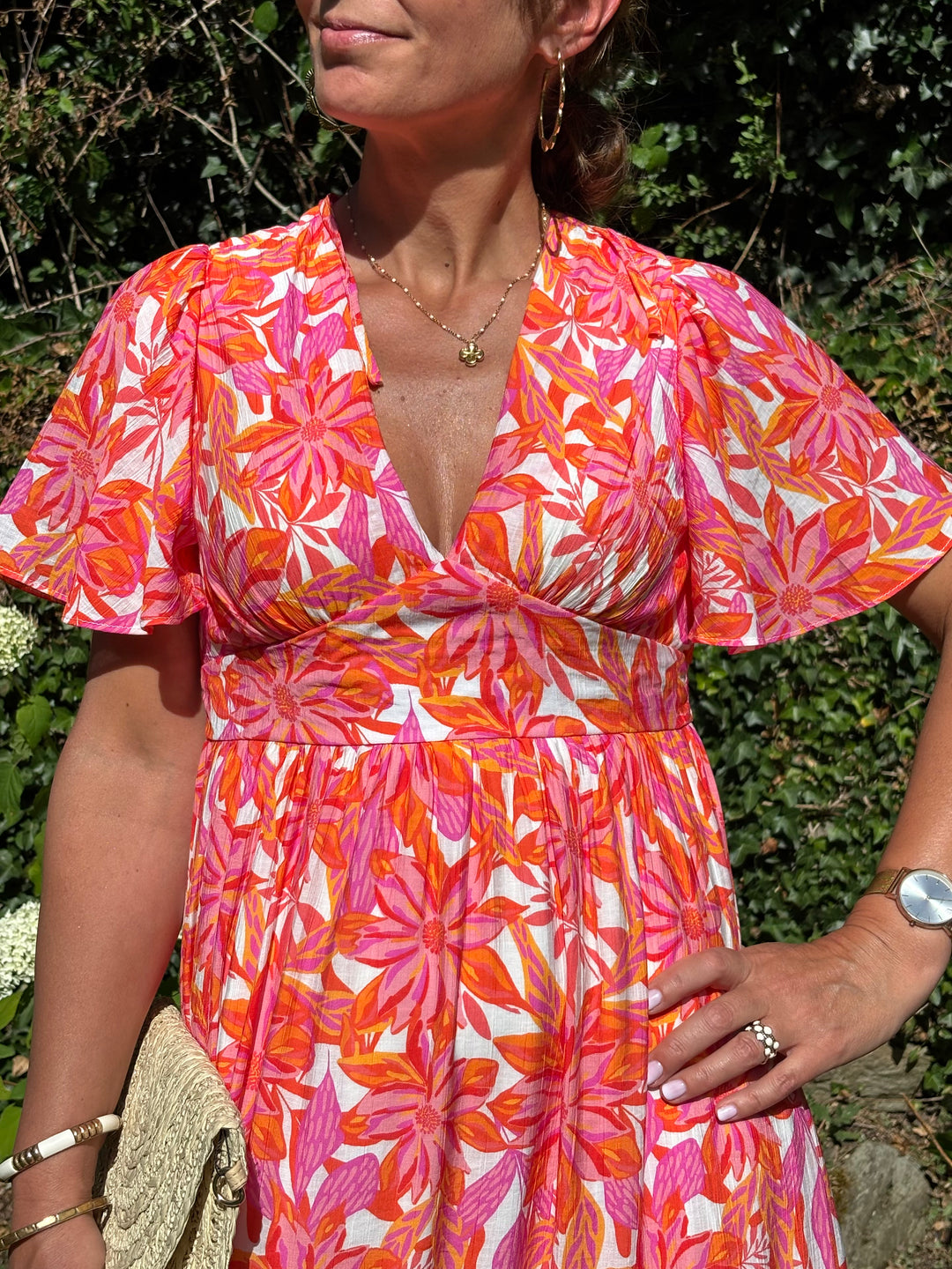 Robe imprimé floral rouge, orange et fuchsia fond écru CLAUDE