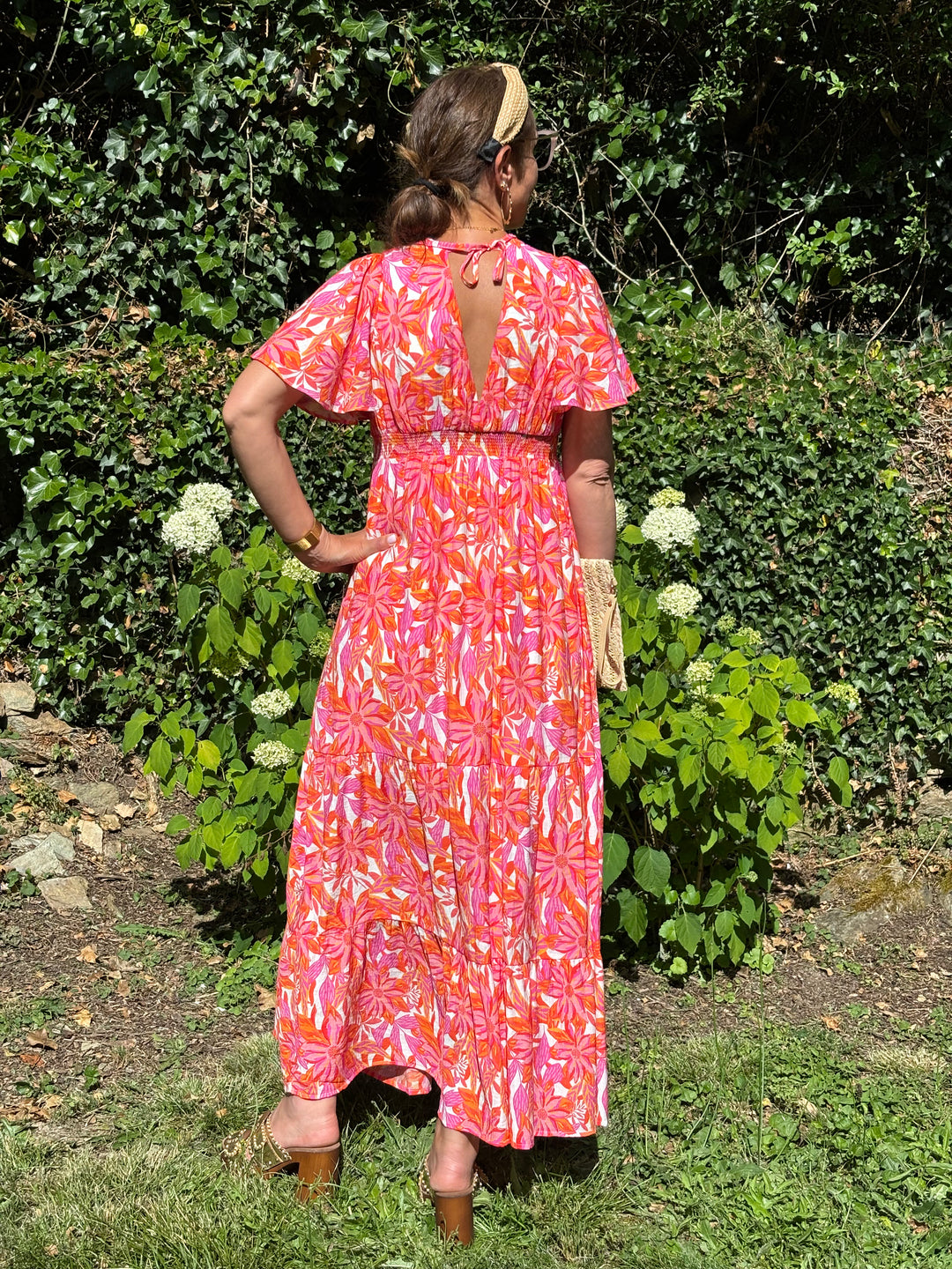 Robe imprimé floral rouge, orange et fuchsia fond écru CLAUDE
