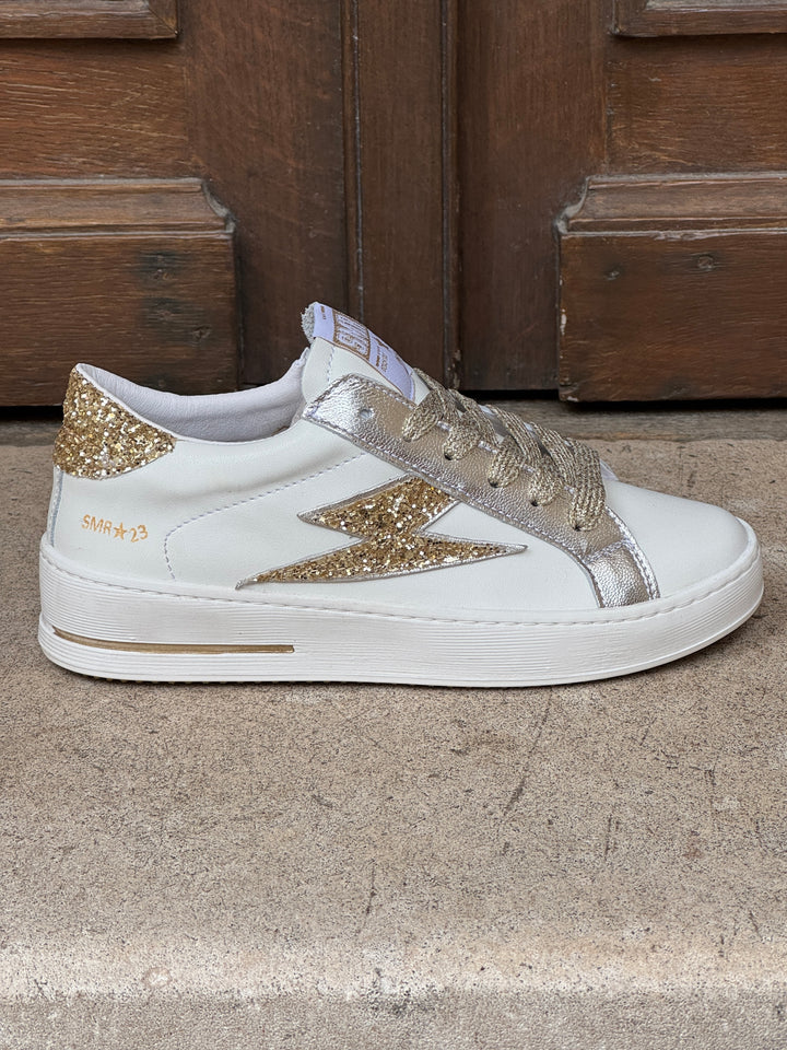 Basket cuir blanche et éclair paillettes dorées MAYA D112 Semerdjian