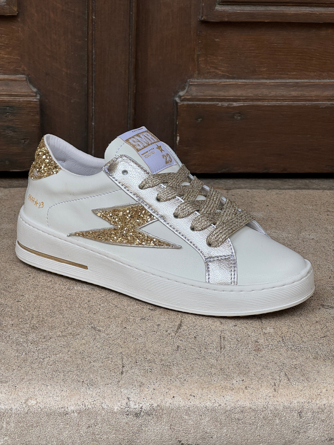 Basket cuir blanche et éclair paillettes dorées MAYA D112 Semerdjian