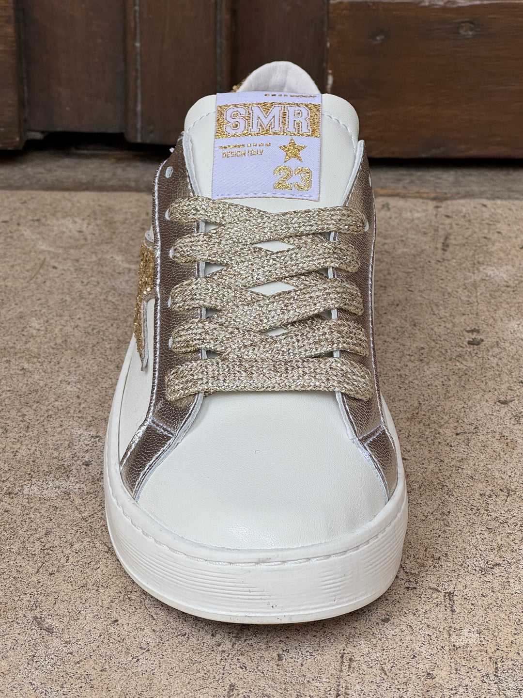 Basket cuir blanche et éclair paillettes dorées MAYA D112 Semerdjian