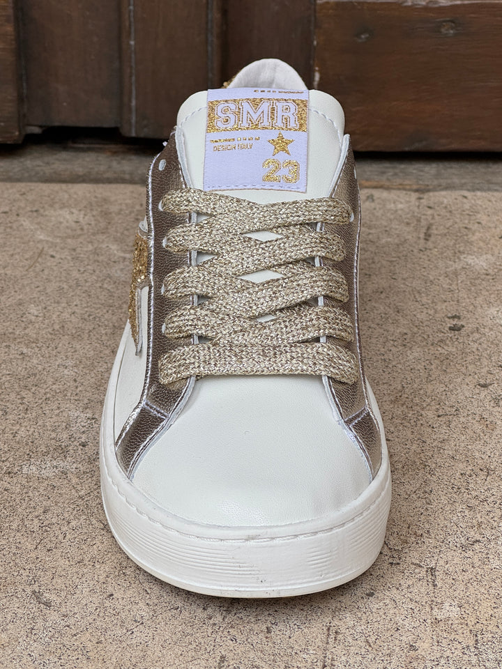 Basket cuir blanche et éclair paillettes dorées MAYA D112 Semerdjian