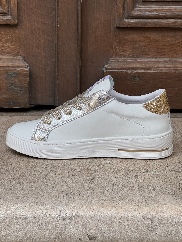 Basket cuir blanche et éclair paillettes dorées MAYA D112 Semerdjian