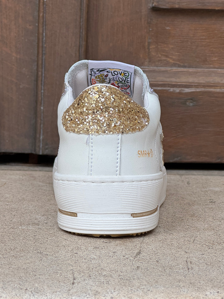 Basket cuir blanche et éclair paillettes dorées MAYA D112 Semerdjian