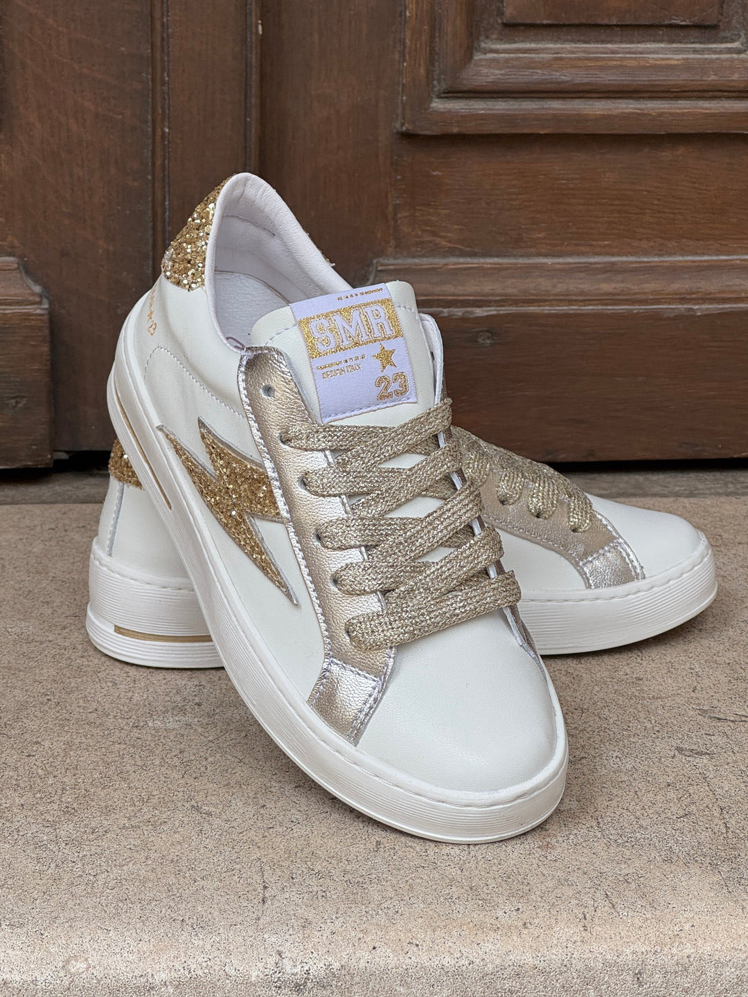 Basket cuir blanche et éclair paillettes dorées MAYA D112 Semerdjian