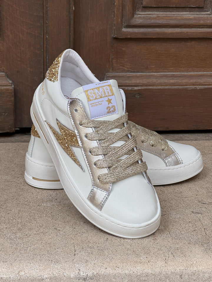 Basket cuir blanche et éclair paillettes dorées MAYA D112 Semerdjian