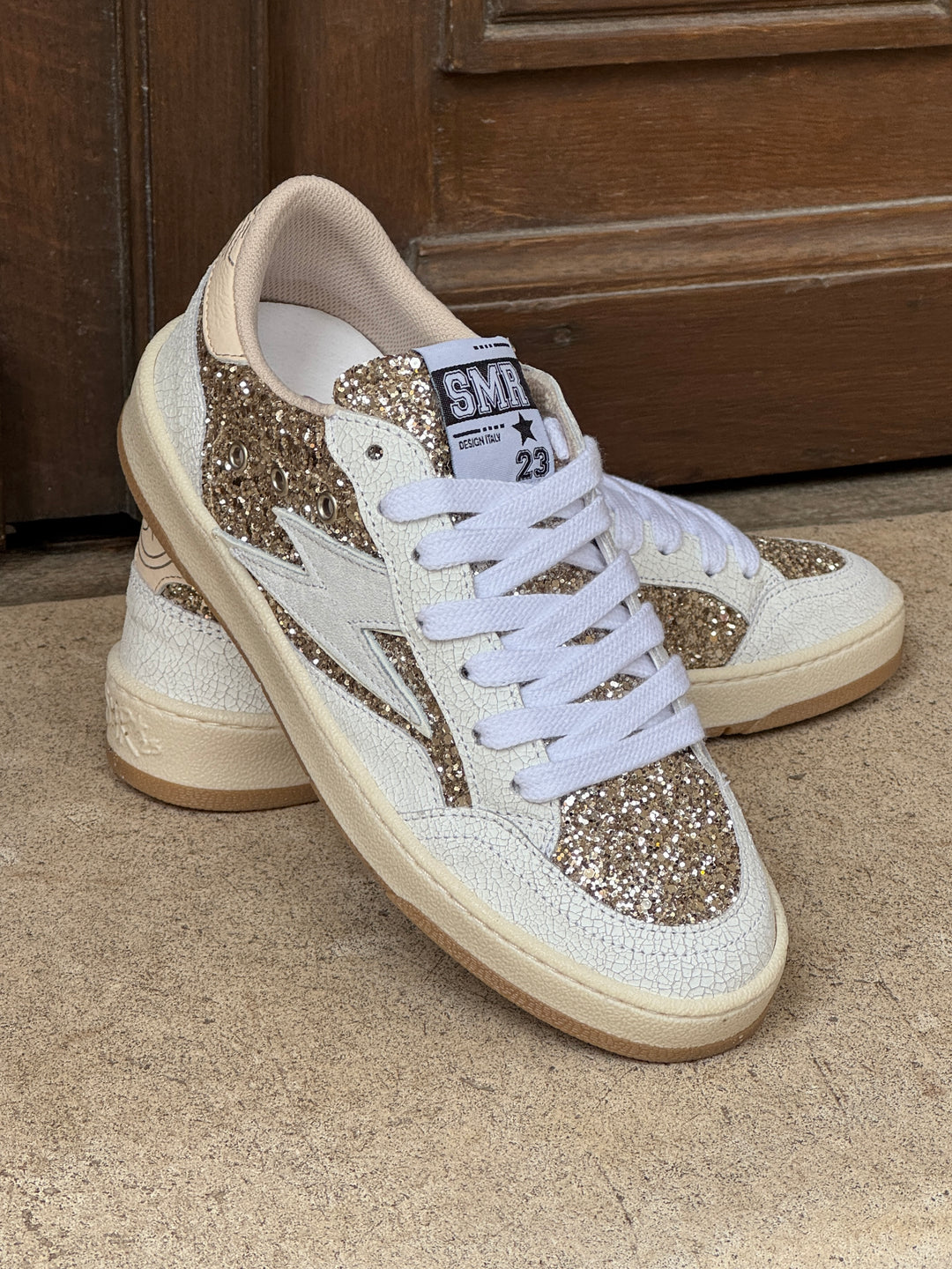 Basket cuir blanc et paillettes dorées DANY D346 Semerdjian