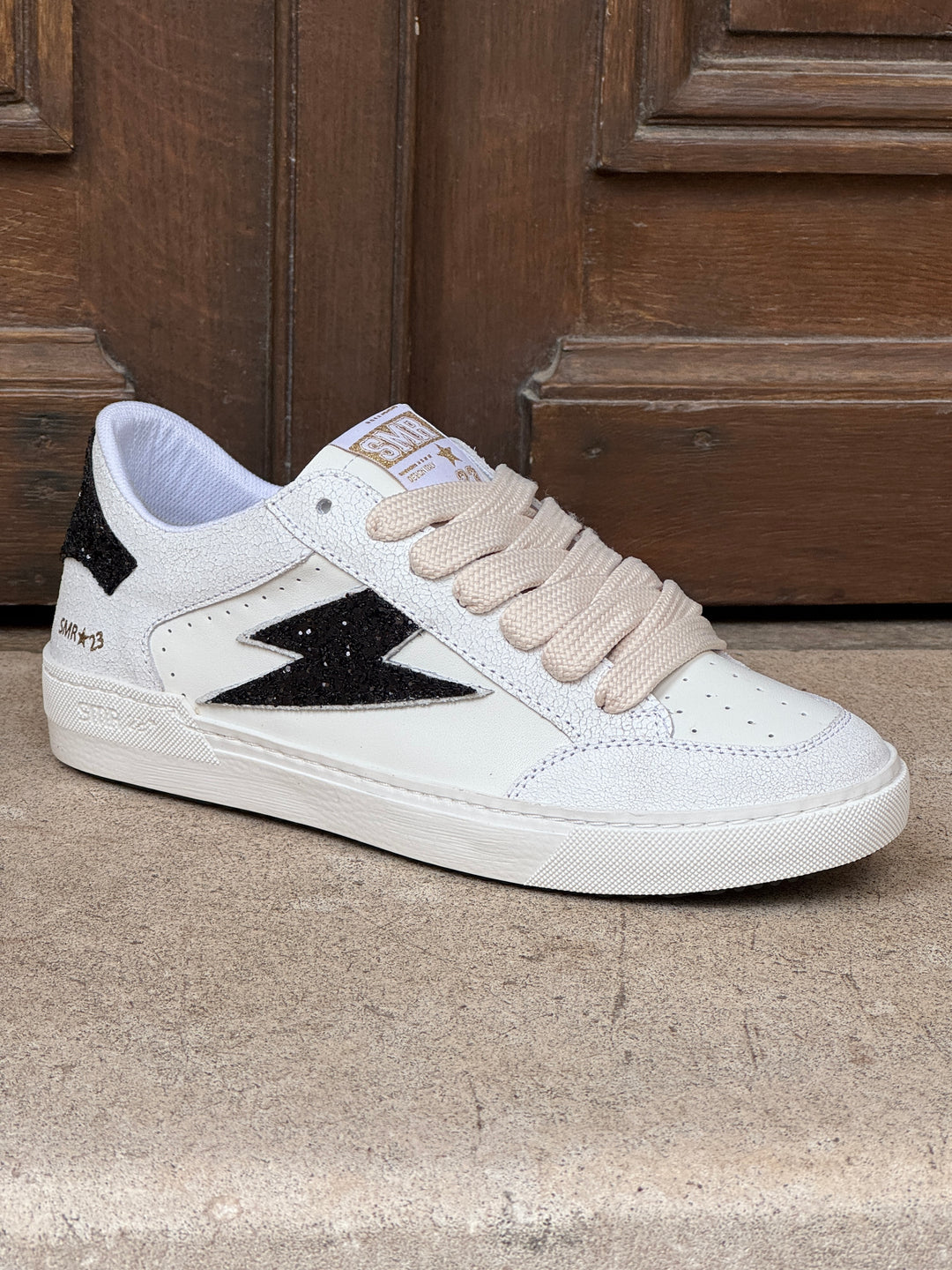 Basket cuir blanc éclair noir à paillettes NOUBAR D424 Semerdjian