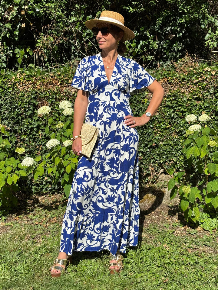 Robe imprimé bleu roi fond écru ELOISE