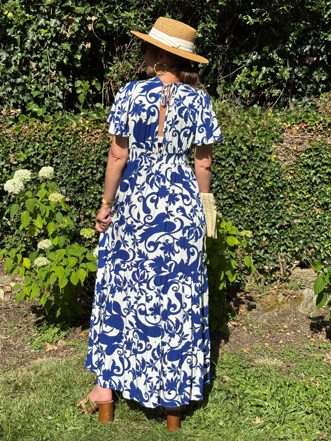 Robe imprimé bleu roi fond écru ELOISE
