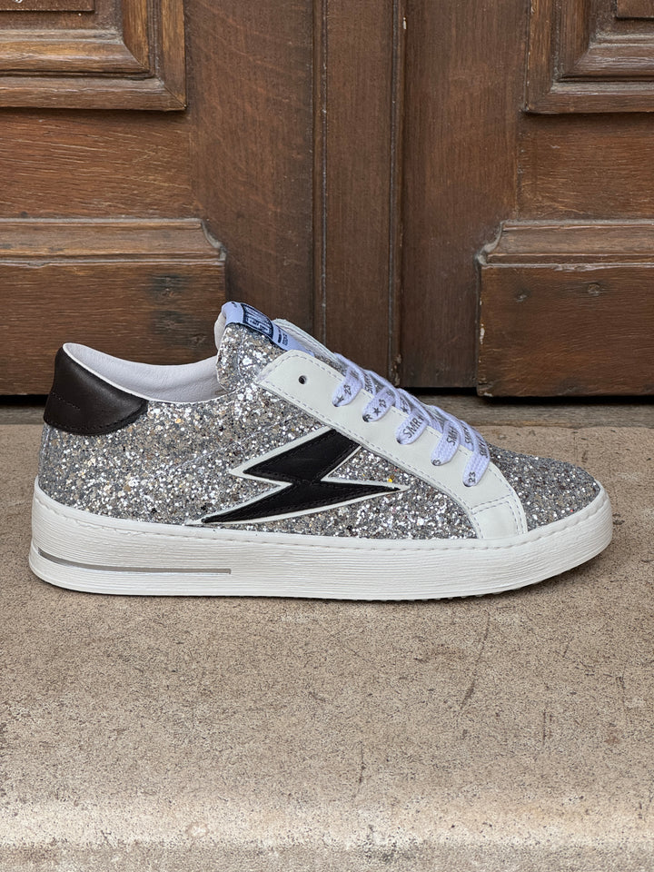 Basket en cuir paillettes argentées éclair noir MAYA D383 Semerdjian