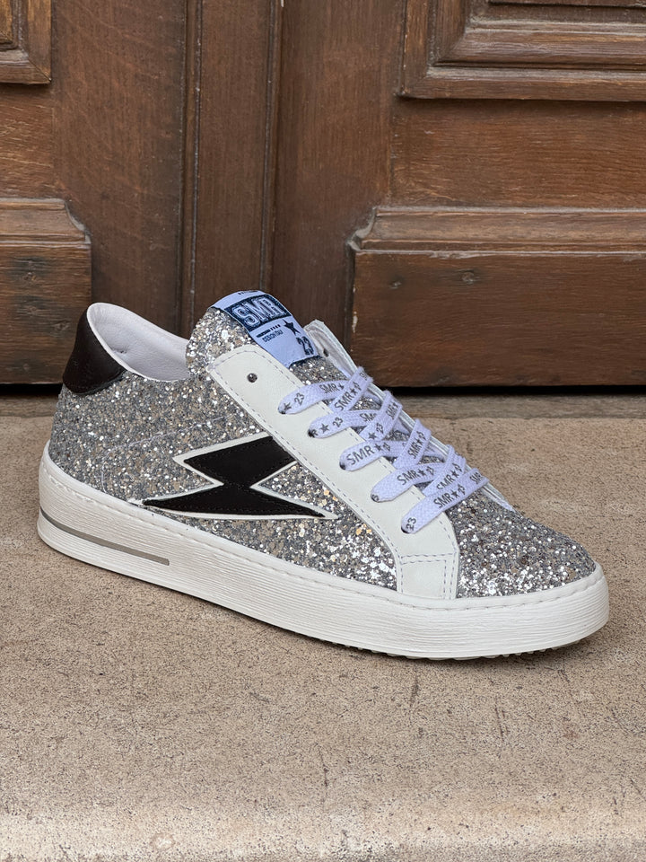 Basket en cuir paillettes argentées éclair noir MAYA D383 Semerdjian