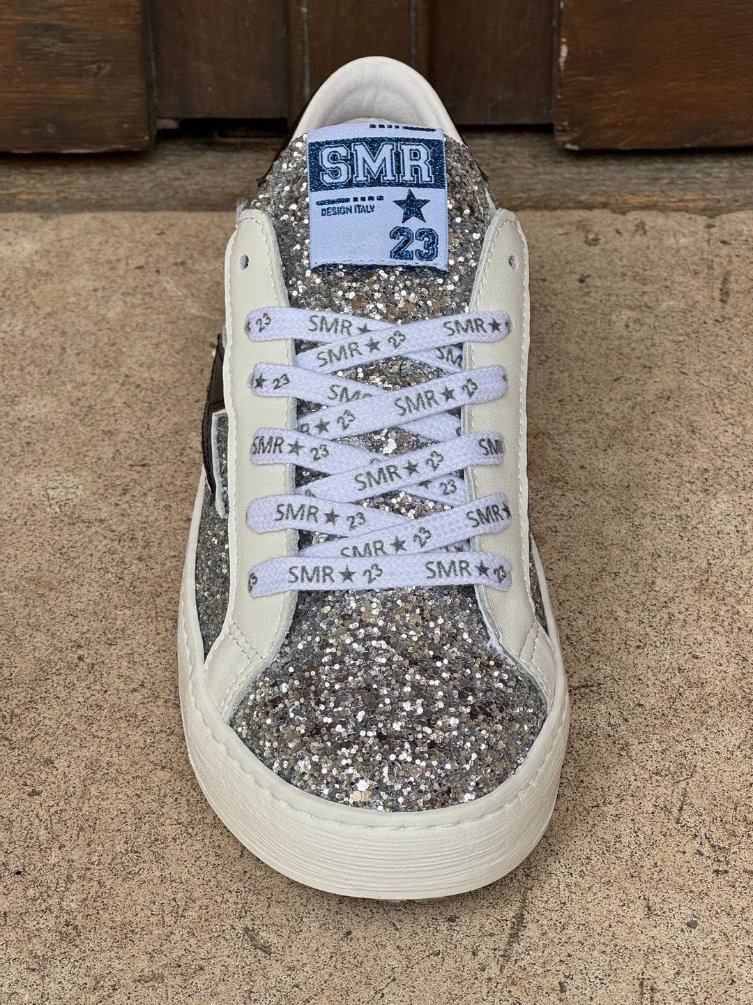 Basket en cuir paillettes argentées éclair noir MAYA D383 Semerdjian