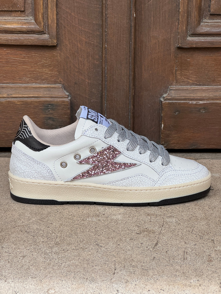 Basket cuir blanche rose et argent pailletté DANY D341 Semerdjian