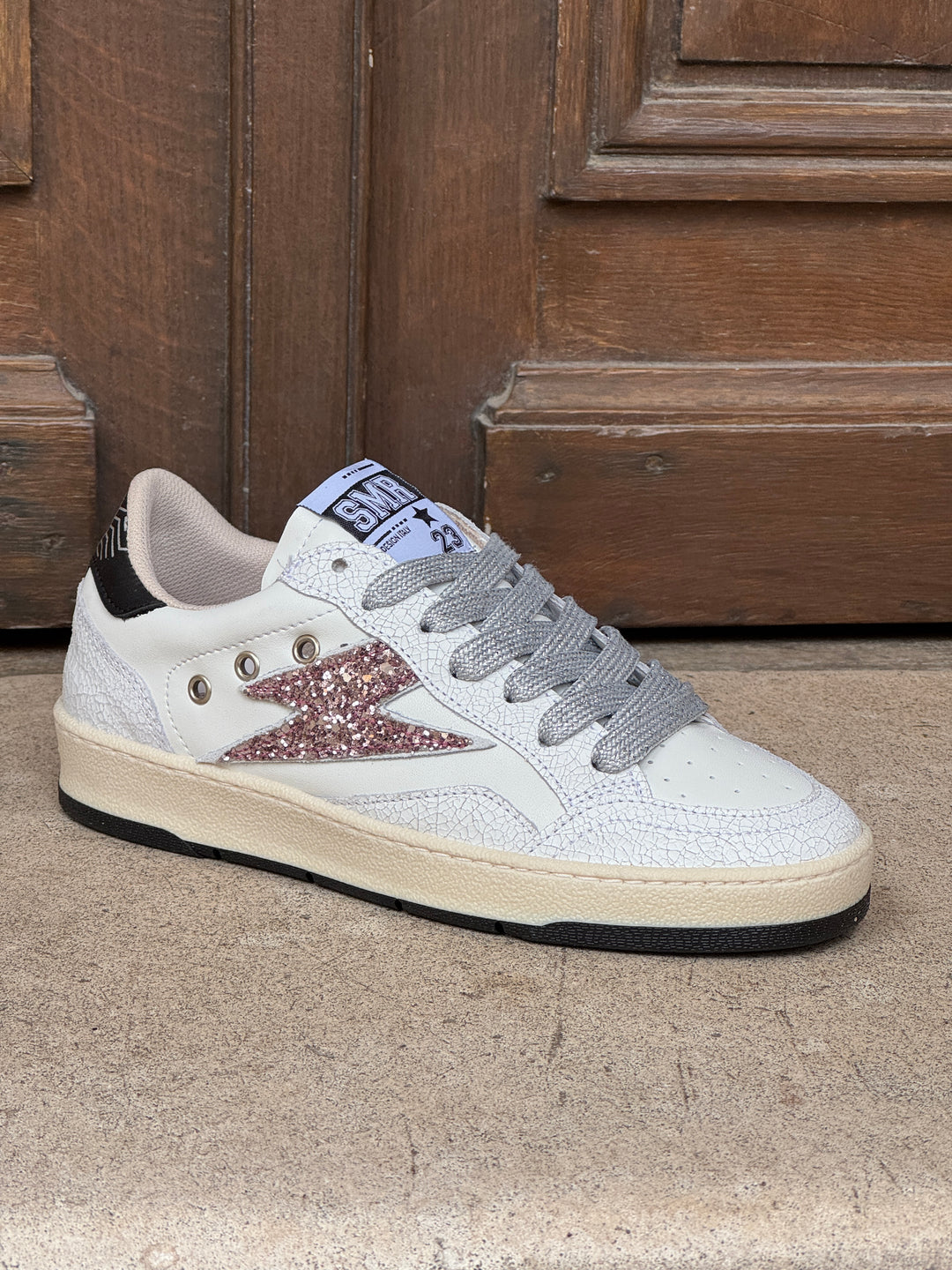 Basket cuir blanche rose et argent pailletté DANY D341 Semerdjian