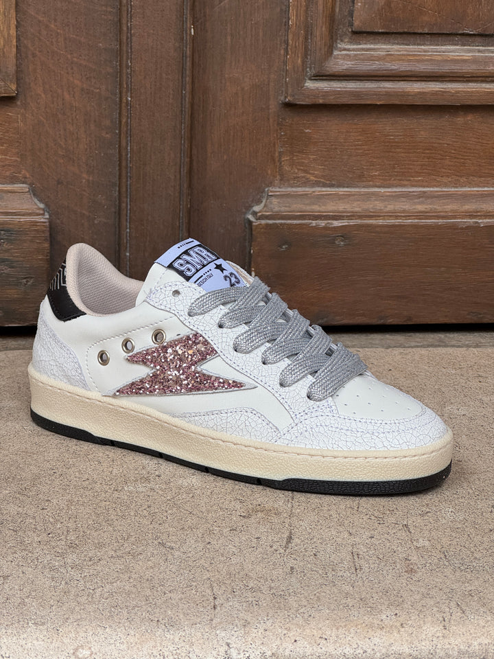 Basket cuir blanche rose et argent pailletté DANY D341 Semerdjian