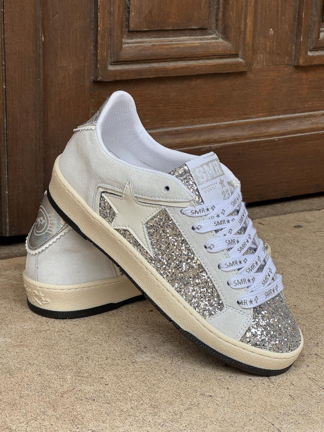 Basket cuir argent paillettes étoile blanche JULY D125 A Semerdjian