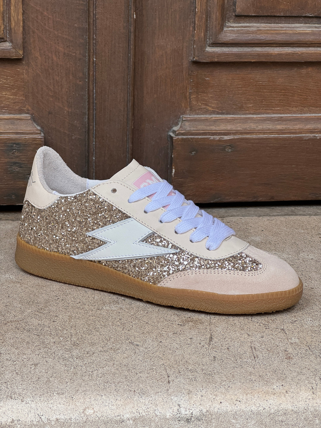 Basket en cuir beige paillettes dorées EMILY D325 Semerdjian