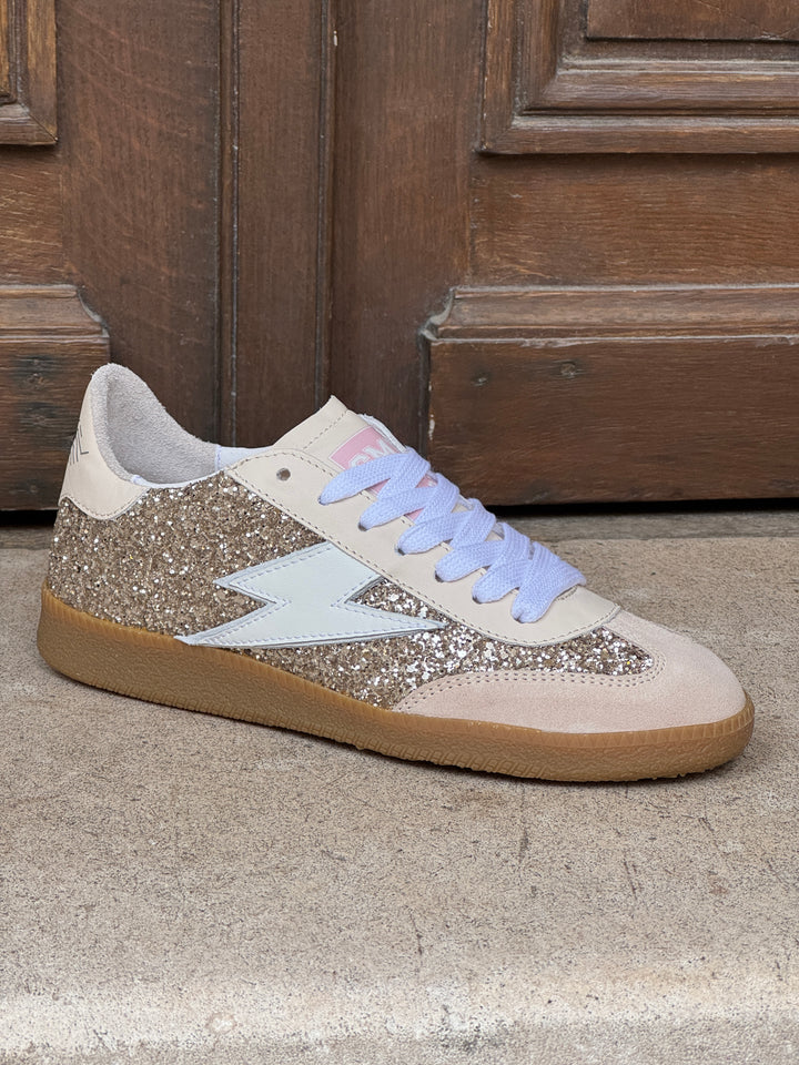 Basket en cuir beige paillettes dorées EMILY D325 Semerdjian