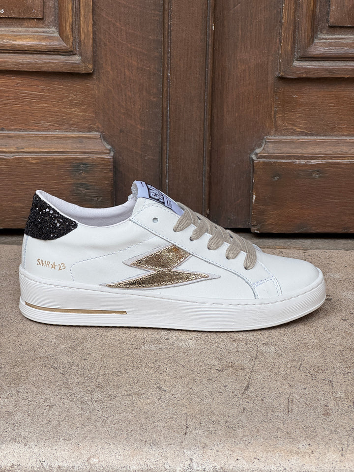 Basket cuir blanc doré et paillettes noires MAYA D370 Semerdjian