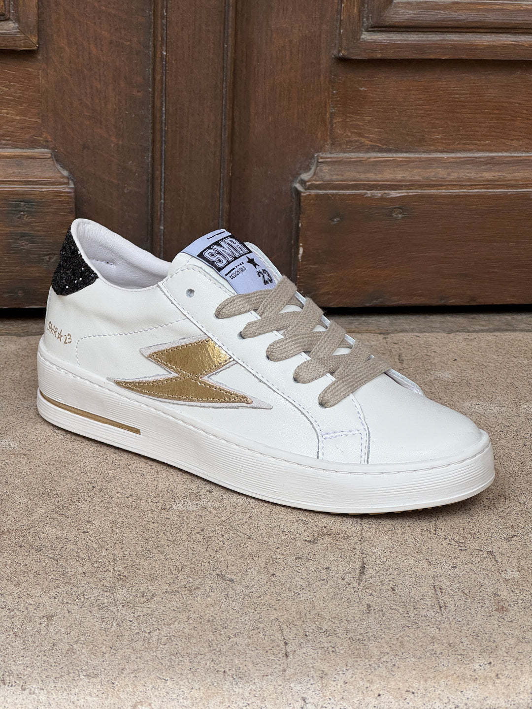 Basket cuir blanc doré et paillettes noires MAYA D370 Semerdjian