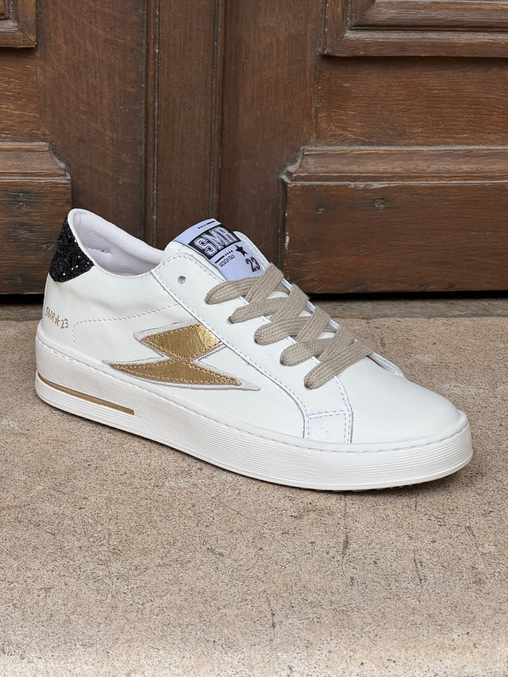 Basket cuir blanc doré et paillettes noires MAYA D370 Semerdjian