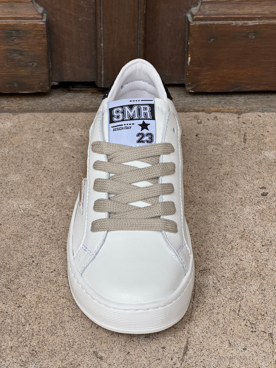 Basket cuir blanc doré et paillettes noires MAYA D370 Semerdjian