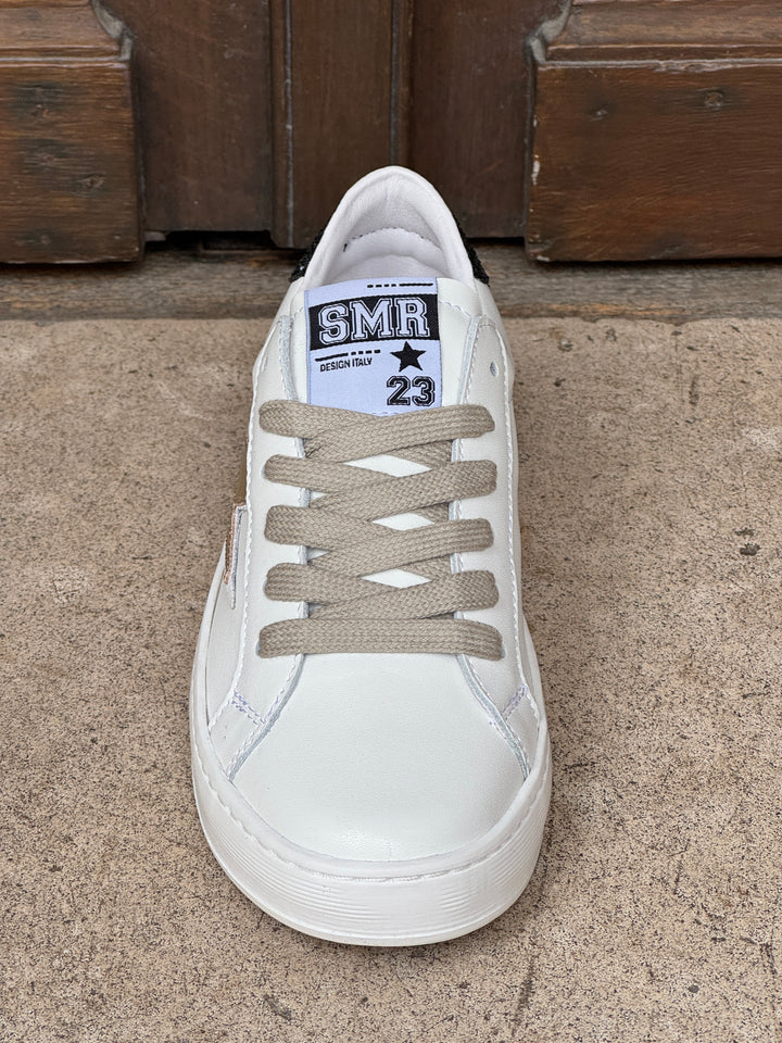 Basket cuir blanc doré et paillettes noires MAYA D370 Semerdjian