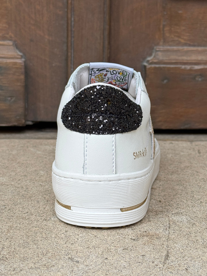 Basket cuir blanc doré et paillettes noires MAYA D370 Semerdjian