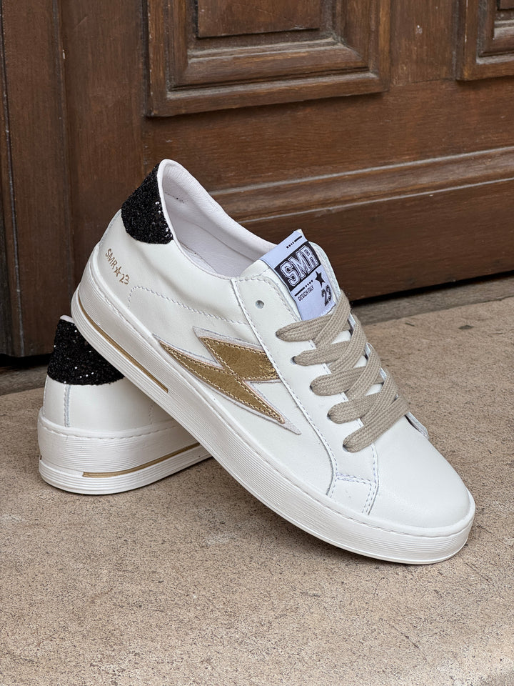 Basket cuir blanc doré et paillettes noires MAYA D370 Semerdjian