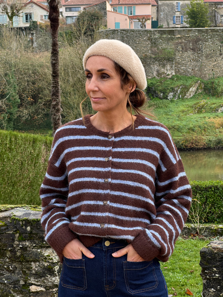 Gilet motif rayé bleu ciel chocolat col rond MELISSA