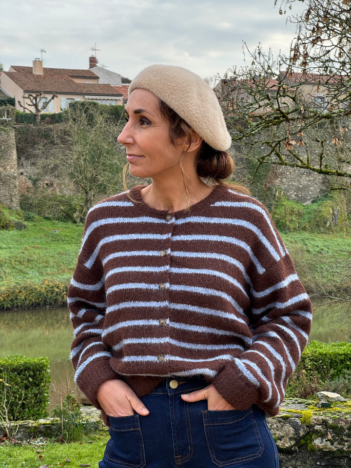 Gilet motif rayé bleu ciel chocolat col rond MELISSA