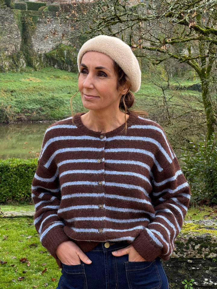 Gilet motif rayé bleu ciel chocolat col rond MELISSA