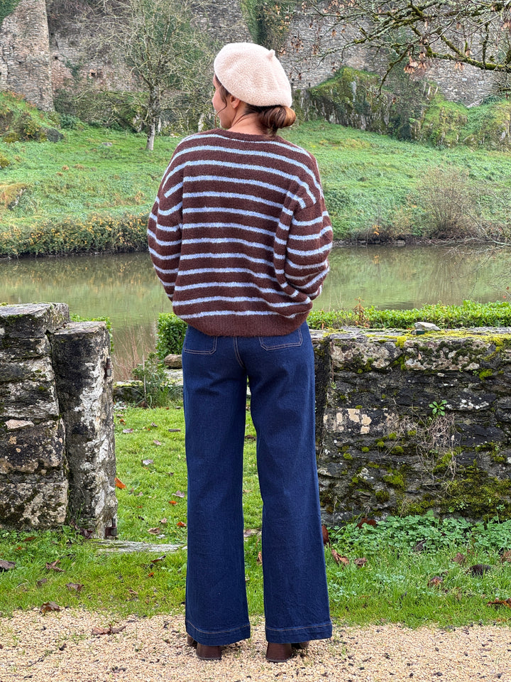 Gilet motif rayé bleu ciel chocolat col rond MELISSA