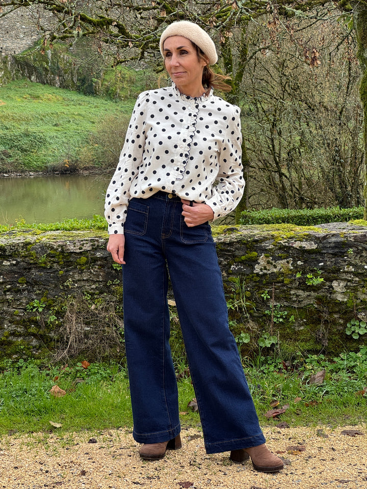 Chemise écru jabot à pois marine CLARISSE